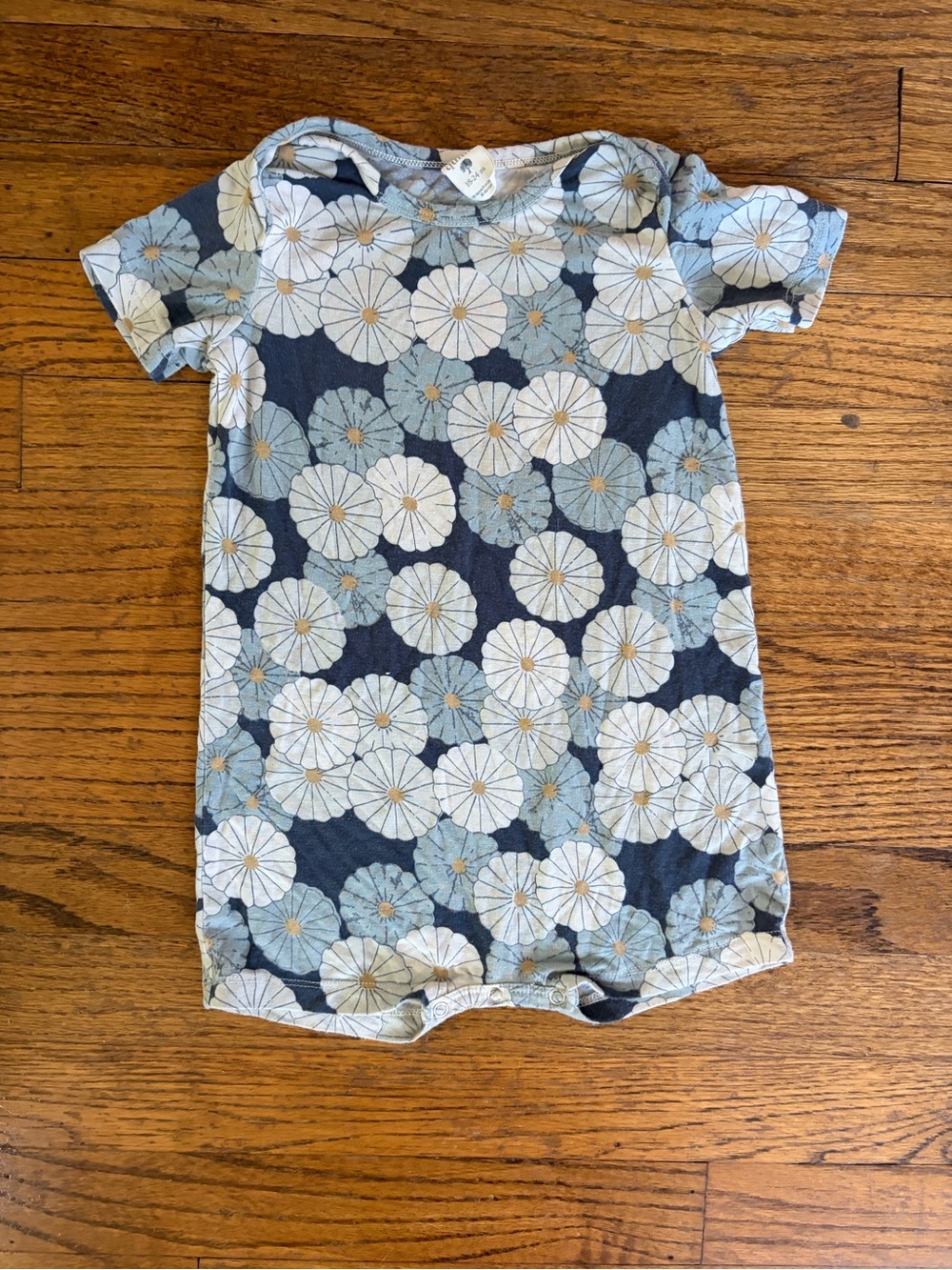 Kate Quinn 18-24 Months Bamboo Mid Century Daisy Floral Blue Snap Shortie Romper